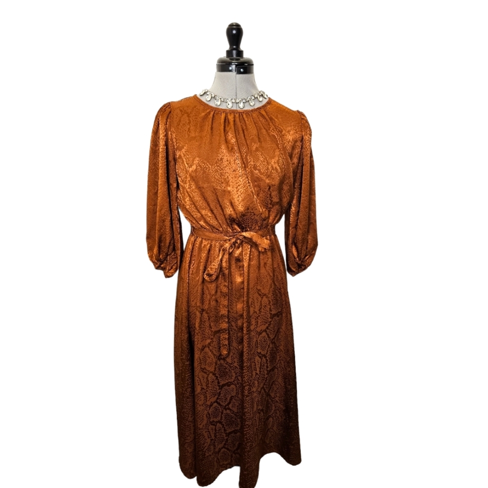 Bronze Copper Jewel Tone Faux Snake Skin Print Midi Dress (Size: 4P)